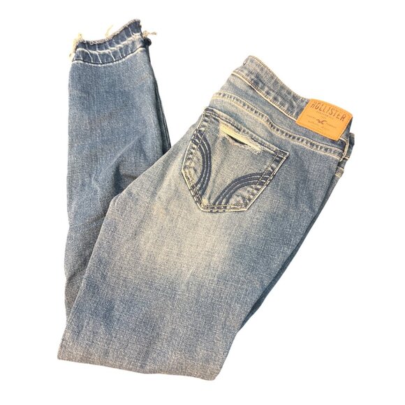 Hollister Distressed Crop Skinny Jeans Lace Fabric at Holes Leather Patch Sz 5 - Picture 5 of 7